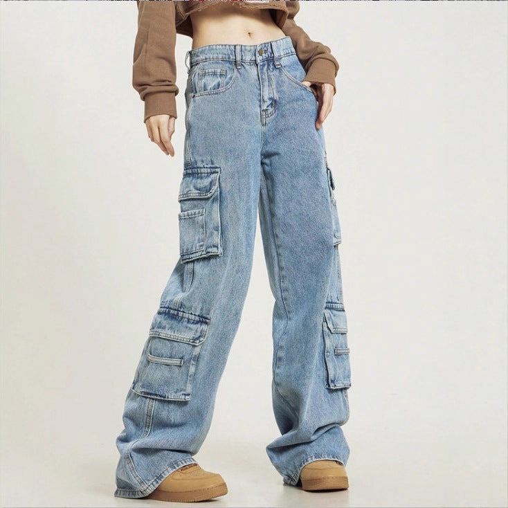 Damen Hochgeschnittene Baggy-Cargo-Jeans mit Mehrfach‑Utility‑Taschen Nord Taschen