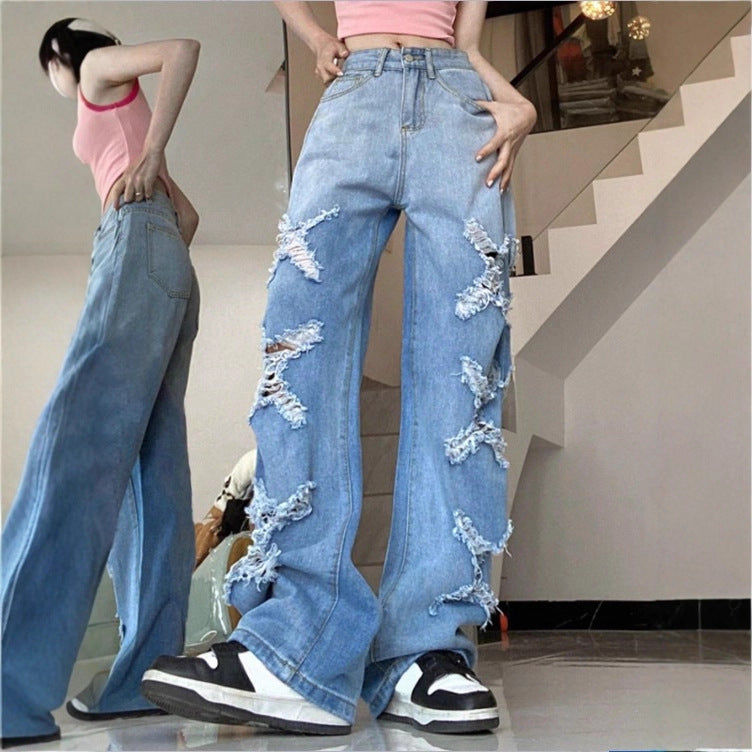 Damen Weite Denim-Jeans im Baggy-Stil mit dekorativen Fransenstern-Applikationen Nord Taschen