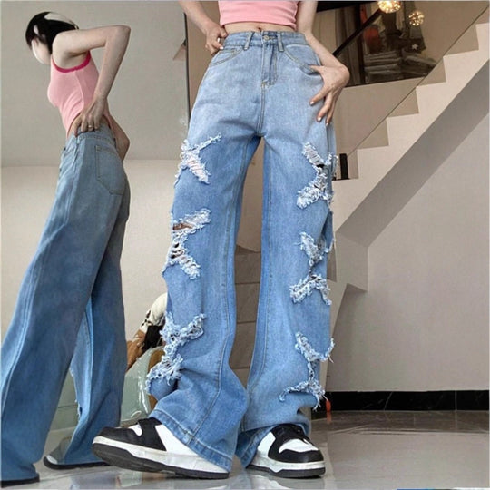 Damen Weite Denim-Jeans im Baggy-Stil mit dekorativen Fransenstern-Applikationen Nord Taschen
