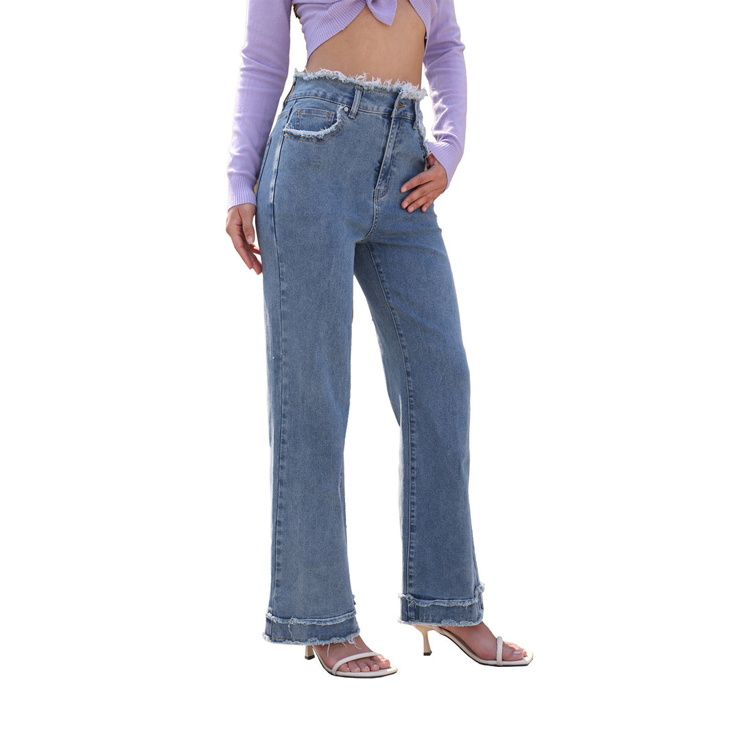 Damen Hochtaillierte Denim-Hose mit ausgefranstem Bund und weitem Bein Nord Taschen