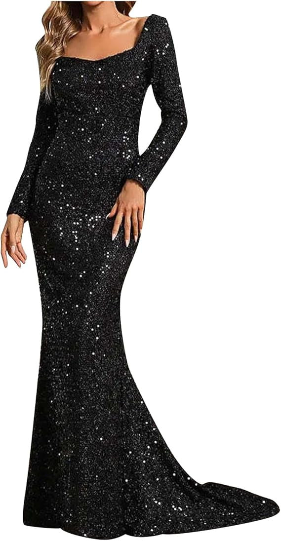 Damen Glamouröses Glitzer-Abendkleid mit schwingendem Rock und voluminösen Ärmeln