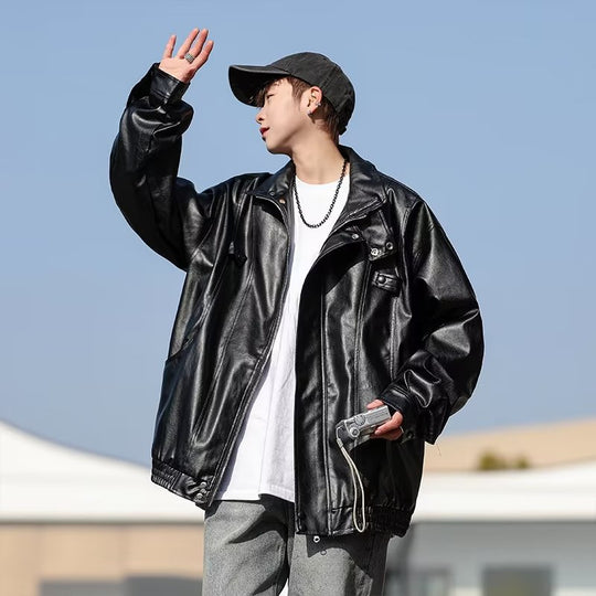 Herren Oversized Kunstlederjacke im Bomberstil mit Stehkragen und elastischem Saum Nord Taschen