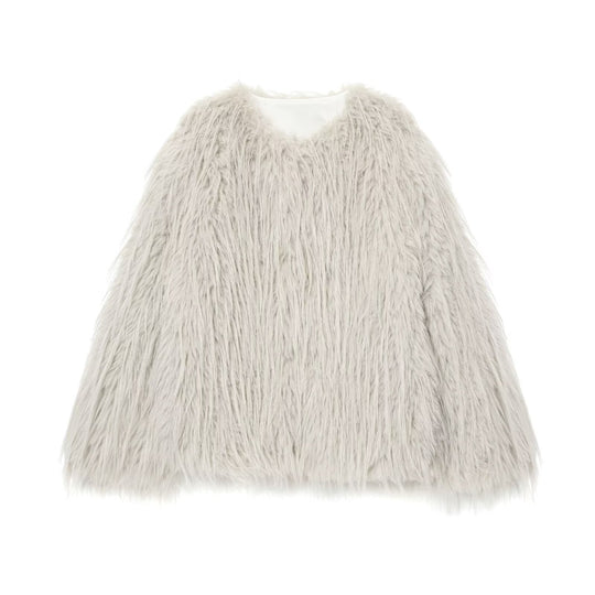 Damen Faux-Fur-Pelzjacke mit langem Shaggy-Fell und Rundhalsausschnitt Nord Taschen
