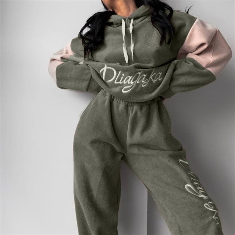 Damen kuscheliges Hoodie-Set mit kontrastärmel, elastischer High-Waist-Jogginghose und überschnittener Kapuze Nord Taschen