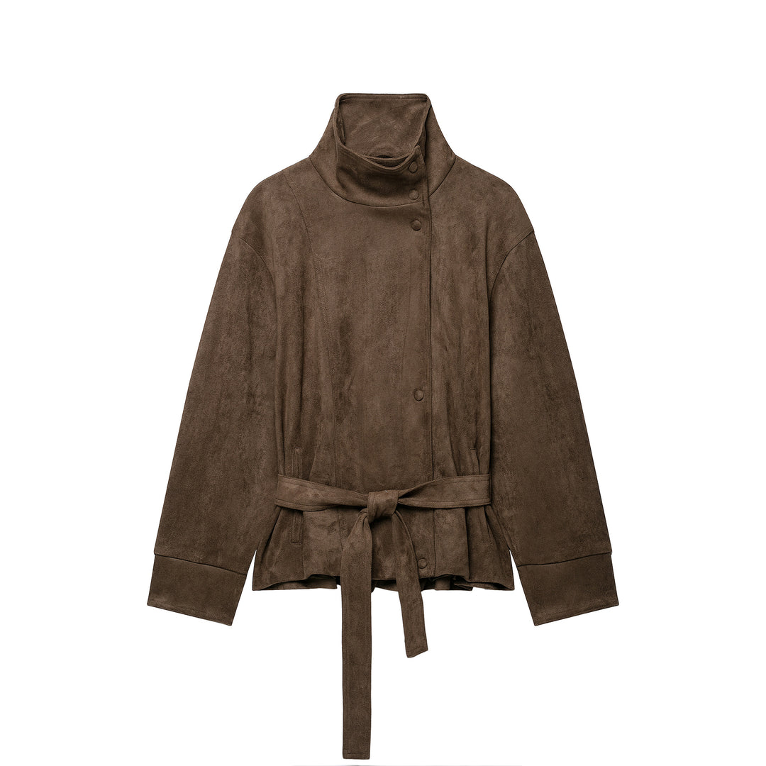 Damen Kurze Velours‑Optik Jacke mit hohem Funnelkragen, Druckknopfleiste und Bindegürtel Nord Taschen