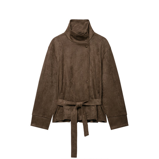 Damen Kurze Velours‑Optik Jacke mit hohem Funnelkragen, Druckknopfleiste und Bindegürtel Nord Taschen