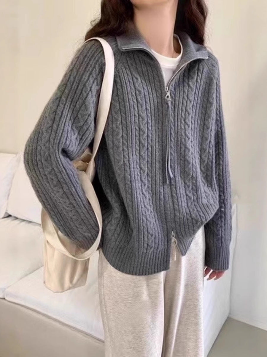 Damen Kastiger Zopfstrick‑Cardigan mit Zweiwege‑Reißverschluss, Stehkragen und breitem Rippsaum Nord Taschen