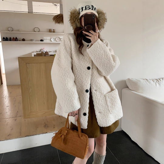Damen Oversized Teddy‑Mantel mit Rundhals, großer Knopfleiste und aufgesetzten Taschen Nord Taschen