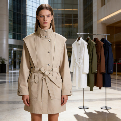 Damen Übergangsjacke mit Cape-Detail und Bindegürtel Nord Taschen