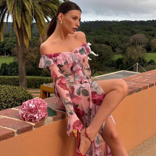 Damen Florales Chiffon-Maxikleid mit asymmetrischer Rüschen‑Schulter, geraffter Korsage & hohem Frontschlitz Nord Taschen