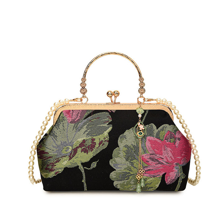 Damen stilvolle Handtasche mit floralen Mustern und Perlenkette Nord Taschen