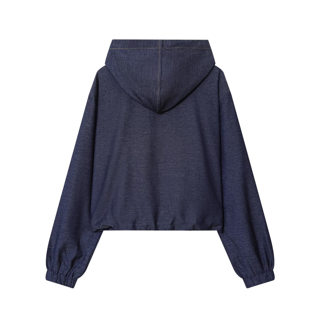 Damen Zweiteiler aus Denim‑Jersey Kapuzenjacke mit Reißverschluss und weiter Bundfaltenhose Nord Taschen