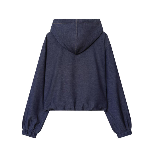 Damen Zweiteiler aus Denim‑Jersey Kapuzenjacke mit Reißverschluss und weiter Bundfaltenhose Nord Taschen