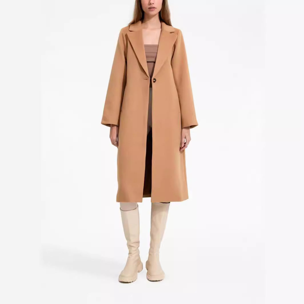 Damen Midilanger Einreihiger Wollmix-Mantel mit minimalistischem Schalkragen Nord Taschen