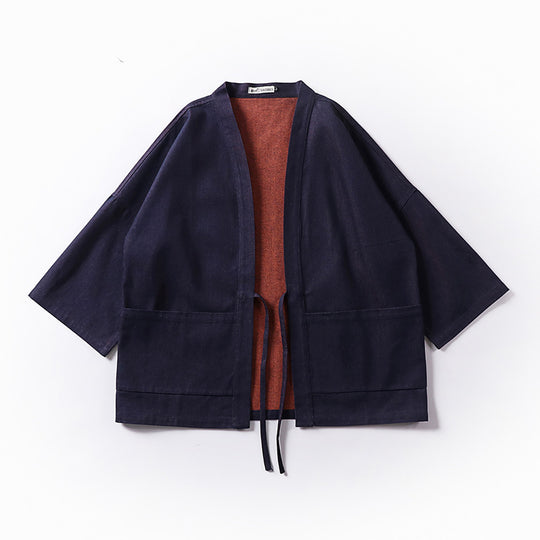 Unisex weit geschnittene Kimono-Jacke aus Baumwoll-Denim mit Bindeband und großen Aufgesetzten Taschen Nord Taschen
