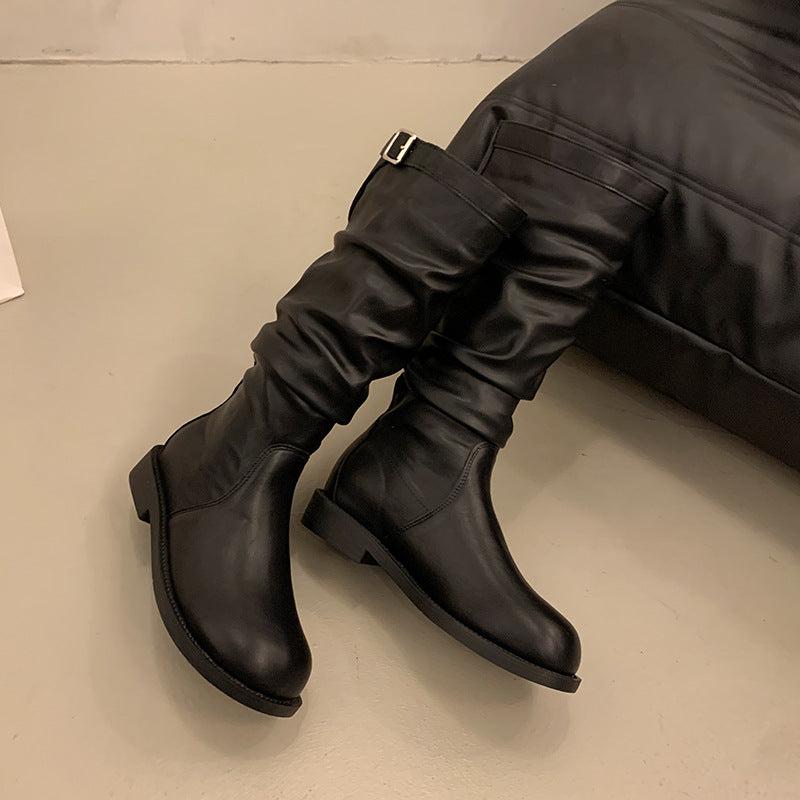 Damen Schaftstiefel aus Veloursleder mit gerafftem Schaft und verstellbarer Schnallenlasche Nord Taschen