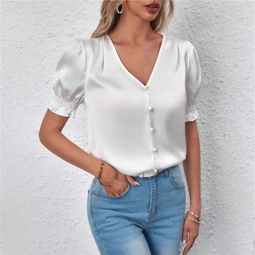 Damen Satinbluse mit Puffärmeln und eleganter Knopfleiste