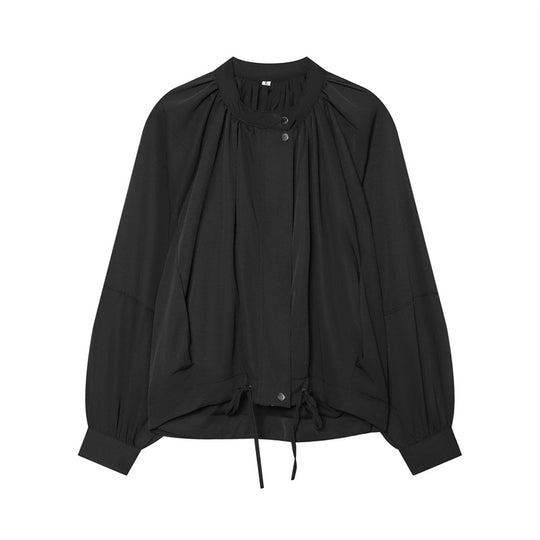 Damen Leichte Blouson-Jacke mit gerafftem Stehkragen, Ballonärmeln und Tunnelzug Nord Taschen