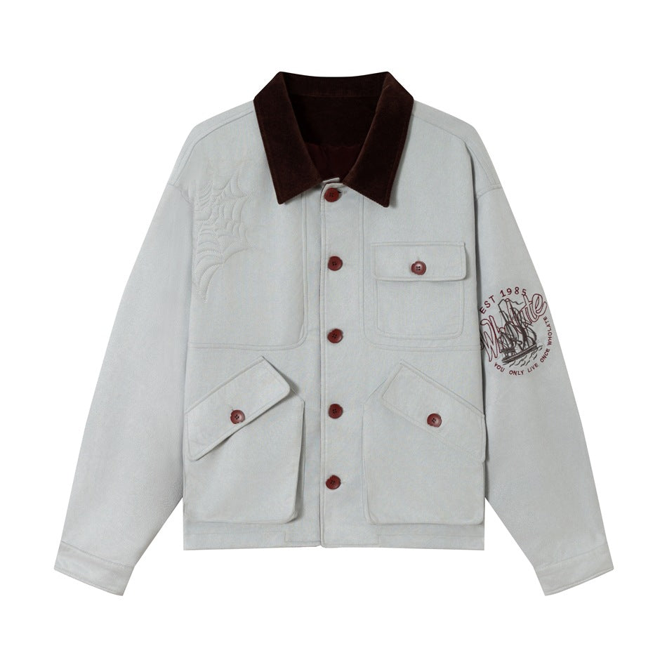 Unisex Boxy‑Blousonjacke aus Baumwollvelours mit Cordkragen, aufgeprägten Stickdetails und Pattentaschen Nord Taschen