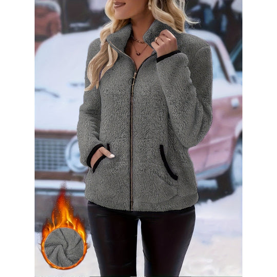 Damen Thermo-Sherpa-Fleecejacke mit Stehkragen, Kontrastkanten und Ringzipper Nord Taschen