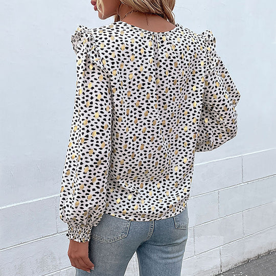 Damen Leichte Chiffonbluse mit gesmokten Ärmelbündchen, V‑Ausschnitt und feinem Animal‑Print Nord Taschen