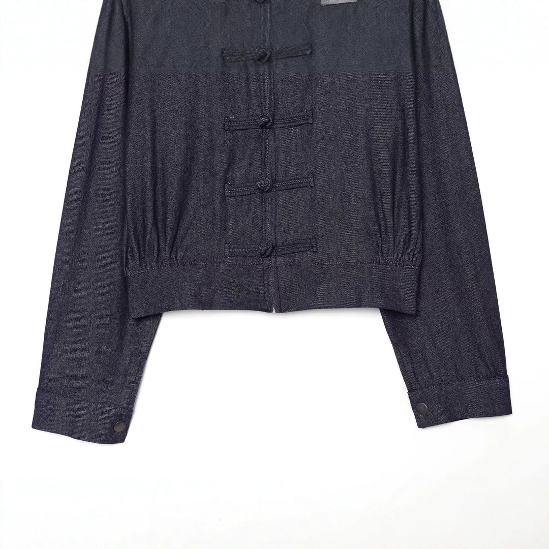 Damen Cropped Jeansjacke im China‑Stil mit Mandarinkragen und Knotenverschlüssen Nord Taschen