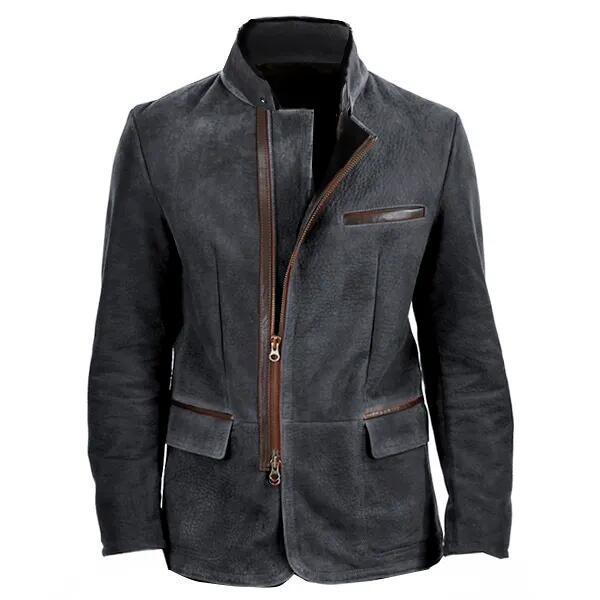 Herren Lederjacke mit hohem Stehkragen und asymmetrischem Zweiwege-Reißverschluss Nord Taschen