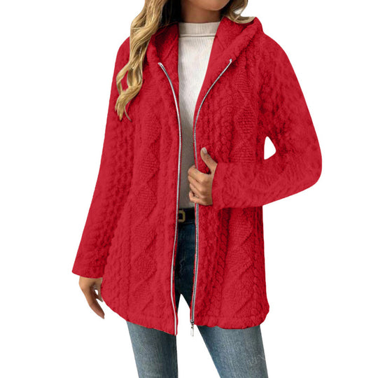 Damen Kapuzen-Sherpajacke mit Zopfmuster, mittellang und Zwei-Wege-Reißverschluss Nord Taschen