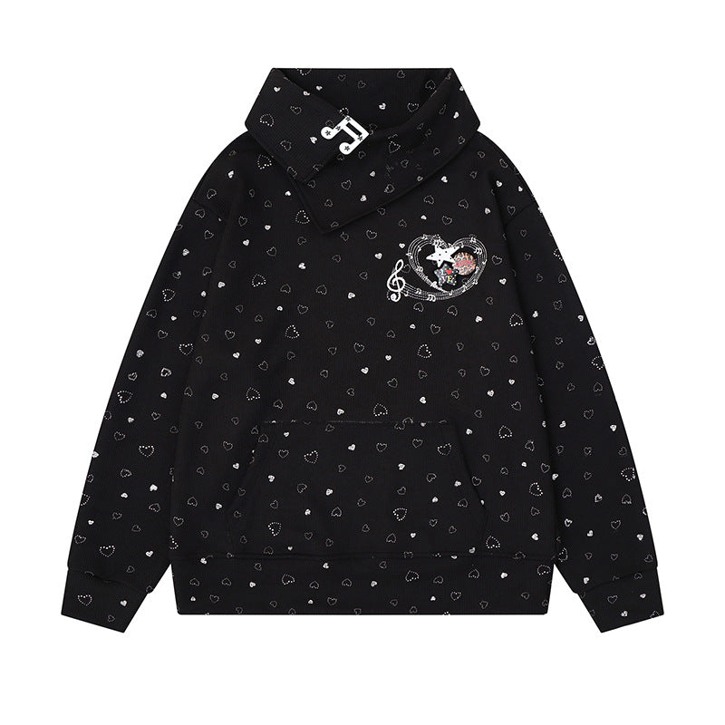 Damen Oversize-Sweatshirt mit asymmetrischem Stehkragen, Kängurutasche und musikalischer Herz-Stickerei Nord Taschen