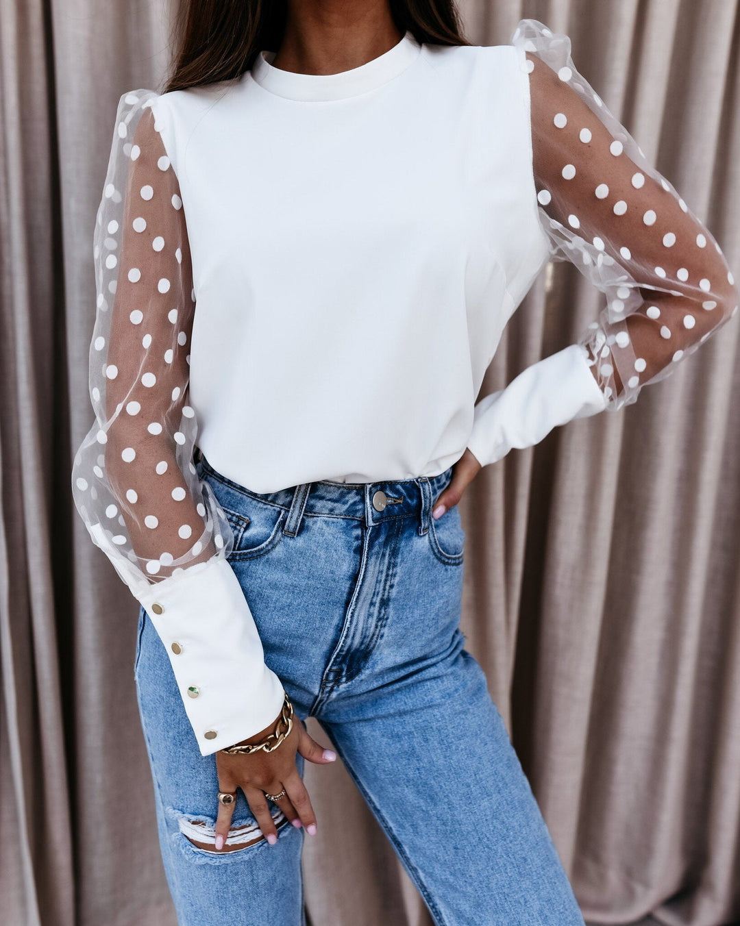 Damen Elegante Bluse mit transparenten Puffärmeln und Punkten