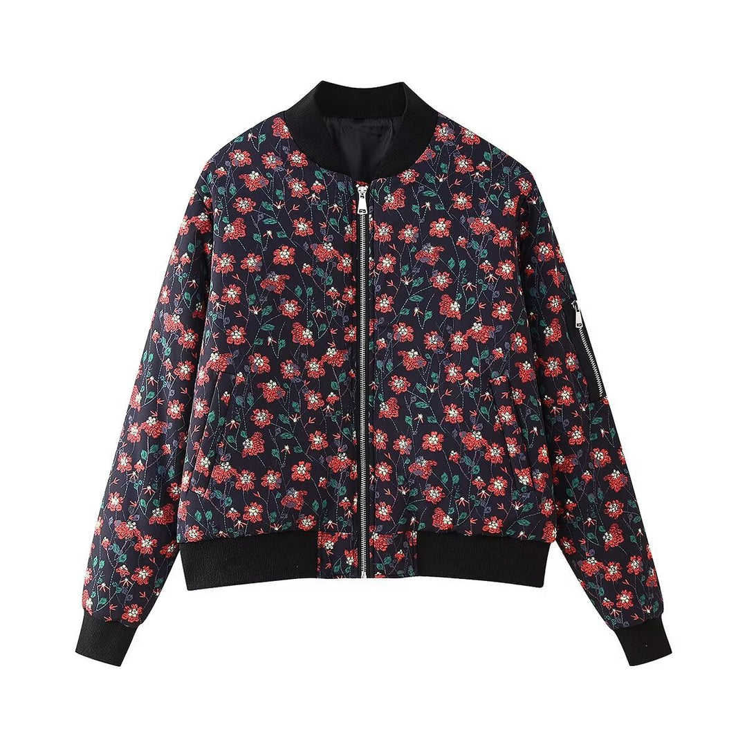 Damen Leicht wattierte gesteppte Bomberjacke mit floralem Alloverprint und Rippbündchen Nord Taschen