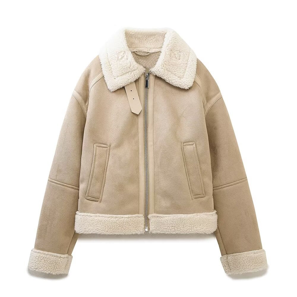 Damen Hochgeschnittene Pilotjacke aus veganer Lederoptik mit Teddyfutter und Reißverschluss Nord Taschen