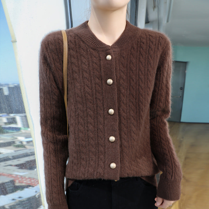 Damen Leichter Zopfstrick-Cardigan in Mohair‑Optik mit dekorativen Perlmuttknöpfen Nord Taschen