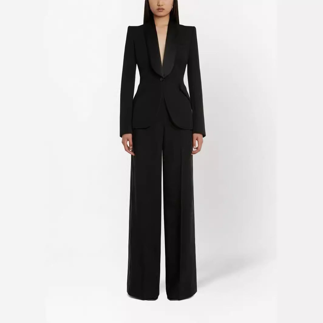 Damen Elegantes Smokingset im Tailoring mit tailliertem Einreihblazer und weiter Palazzohose Nord Taschen