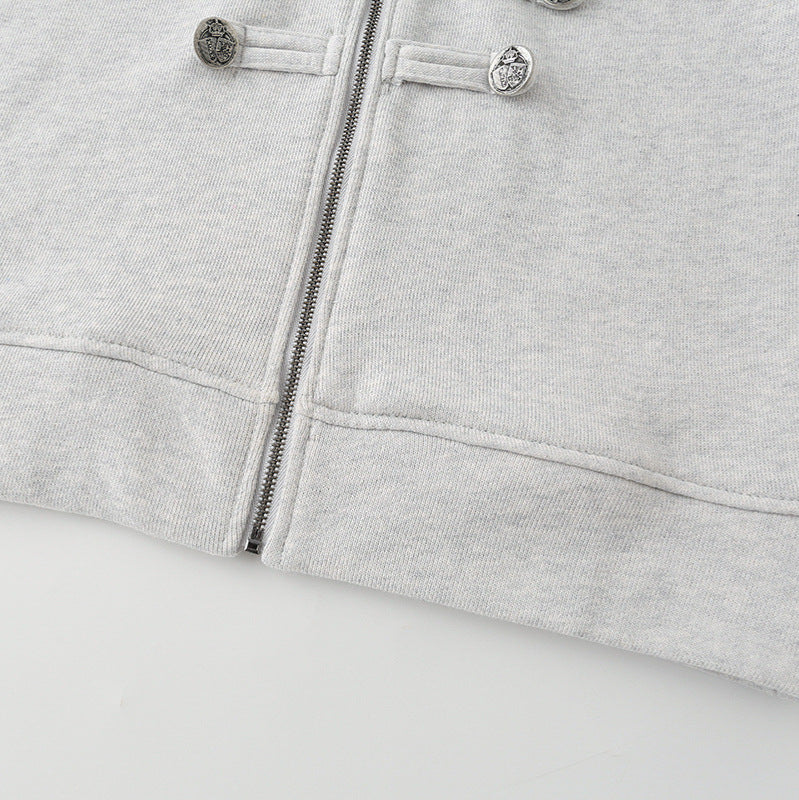 Damen Kurz geschnittene Sweatjacke mit Stehkragen und dekorativen Zierpaspeln Nord Taschen