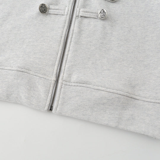 Damen Kurz geschnittene Sweatjacke mit Stehkragen und dekorativen Zierpaspeln Nord Taschen