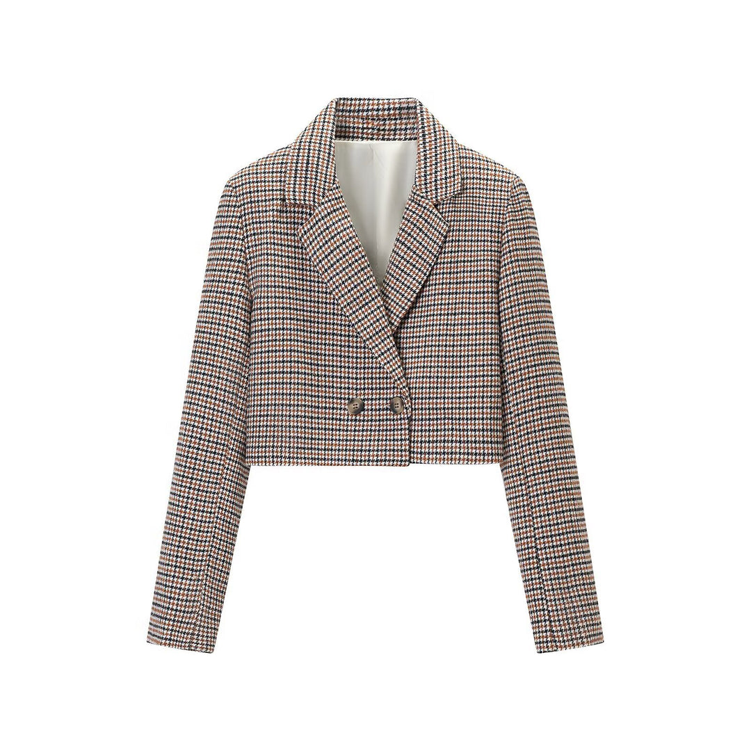 Damen Cropped Blazer im Hahnentritt-Muster mit doppelreihiger Knopfleiste Nord Taschen