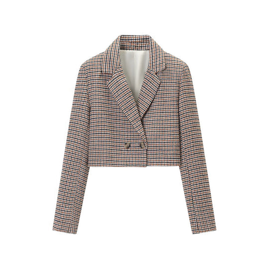 Damen Cropped Blazer im Hahnentritt-Muster mit doppelreihiger Knopfleiste Nord Taschen