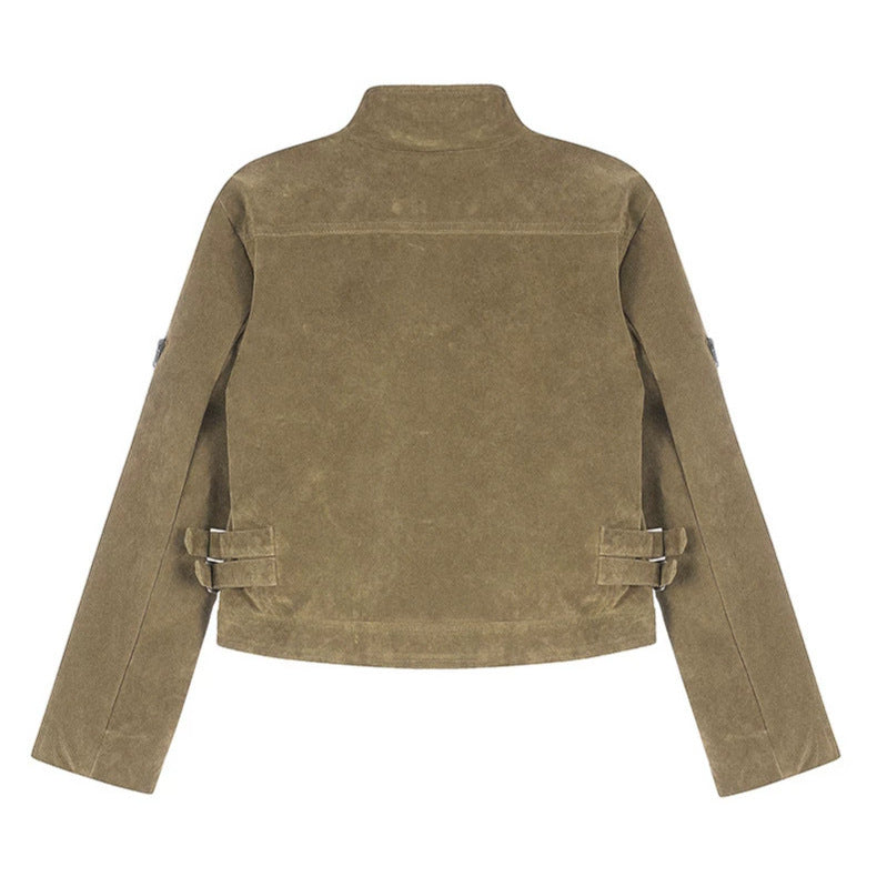Damen Kurz geschnittene Wildlederjacke mit Stehkragen, Utility-Taschen und Seiten-Schnallen Nord Taschen