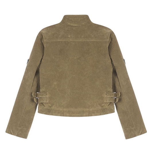 Damen Kurz geschnittene Wildlederjacke mit Stehkragen, Utility-Taschen und Seiten-Schnallen Nord Taschen
