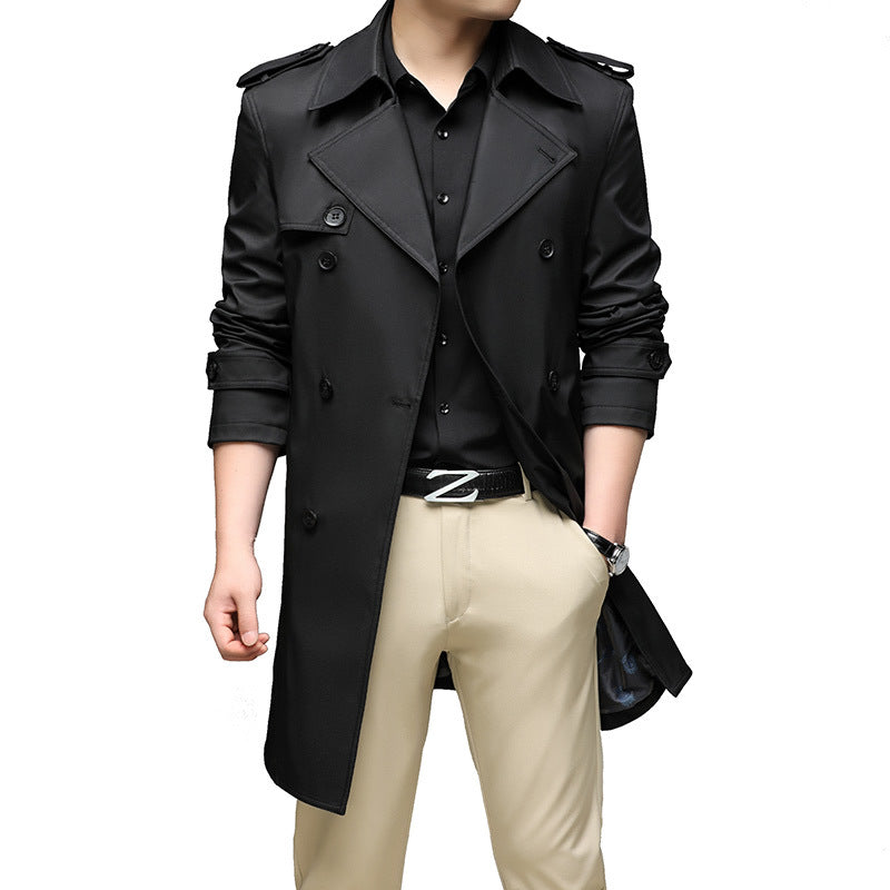 Herren Langer Slim-Fit Doppelreihiger Trenchcoat mit Epauletten und Taillengürtel Nord Taschen
