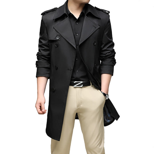 Herren Langer Slim-Fit Doppelreihiger Trenchcoat mit Epauletten und Taillengürtel Nord Taschen