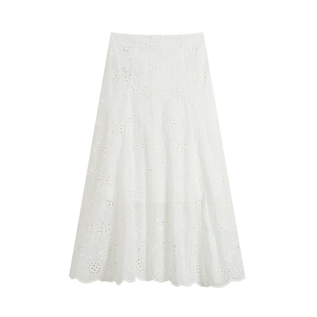 Damen Midirock mit Broderie Anglaise, ausgestellter A-Linie und geschwungenem Saum Nord Taschen