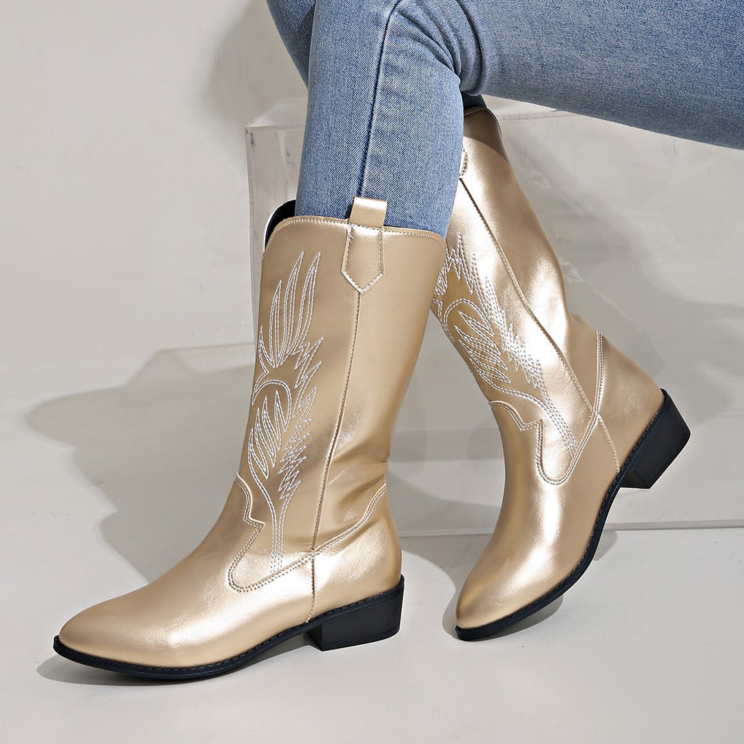 Damen nan Cowgirl-Kniehoher Stiefel mit dekorativer Stickerei, Pull‑Tabs und komfortablem Blockabsatz Nord Taschen