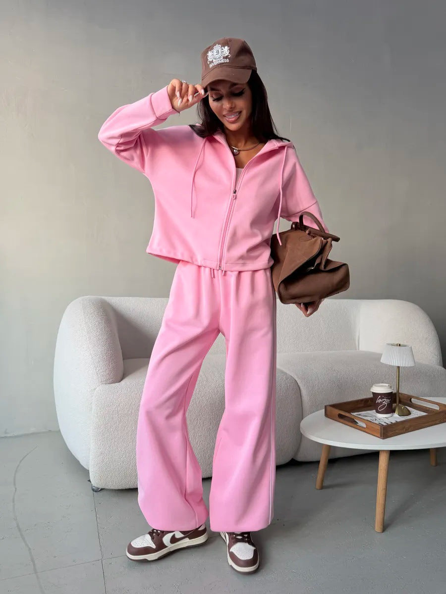 Damen lässiges Lounge-Set aus French-Terry mit Kurzzip-Hoodie und High-Waist Wide-Leg Jogginghose mit Kontrastpaspel Nord Taschen