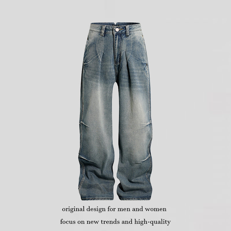 Damen High‑Waist Weite Denim‑Palazzo‑Jeans mit Cargo‑Paspeln und Used‑Waschung Nord Taschen