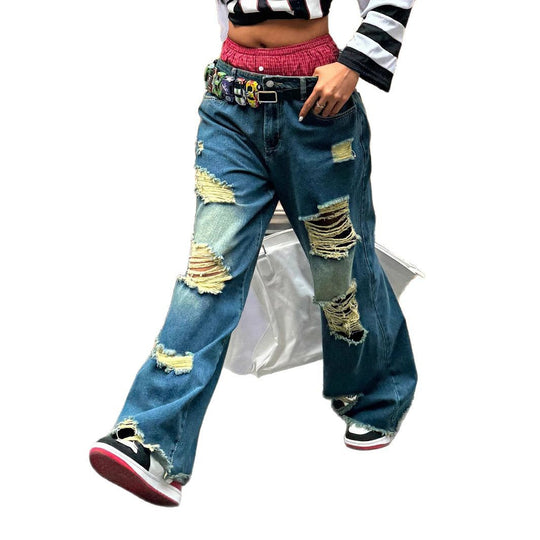 Damen weite Destroyed-Baggy-Jeans mit großflächigen Fransenrissen und relaxed Fit Nord Taschen