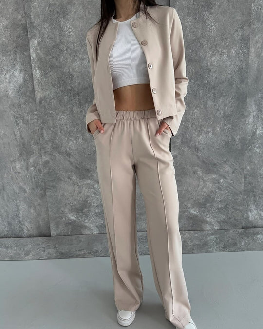 Damen Elegantes Zweiteiler-Set mit Kurzjacke und Hochbund-Faltenhose Nord Taschen