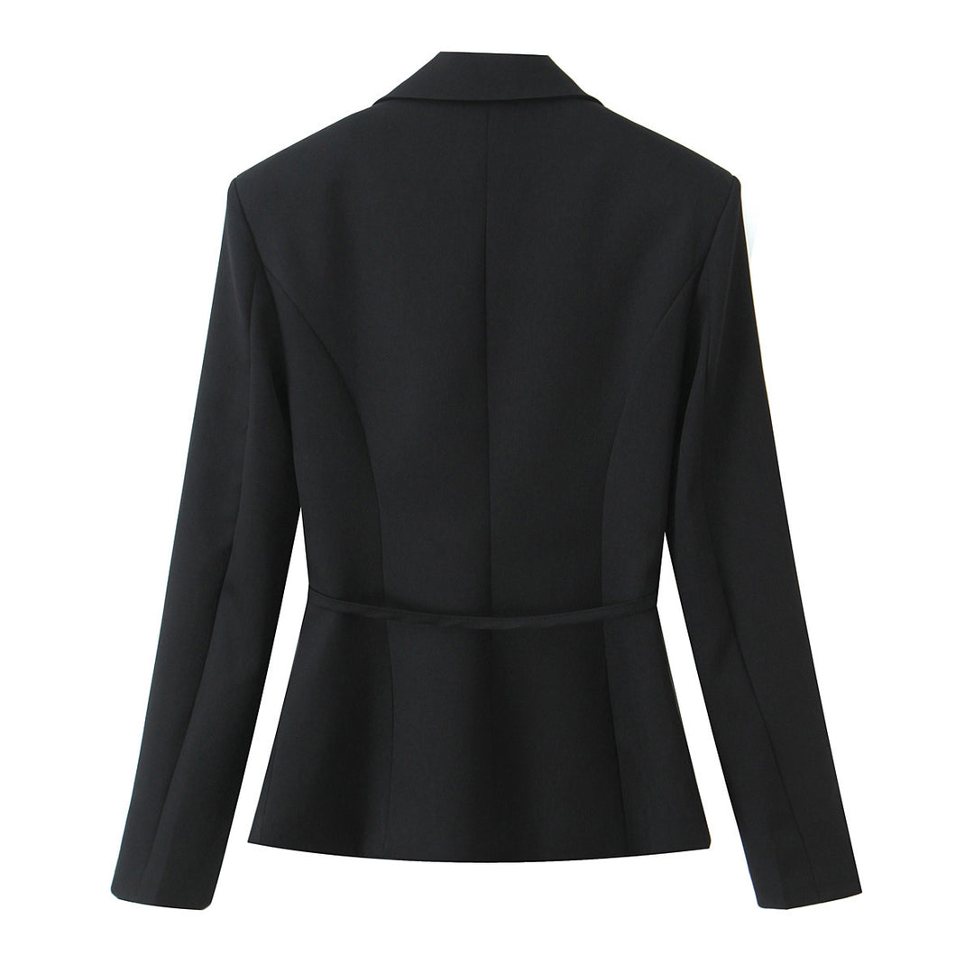 Damen Zweiteiliges tailliertes Blazer- und Midaxi-Rock-Set mit Rosenapplikation am Gürtel und Polka-Dot‑Rock Nord Taschen
