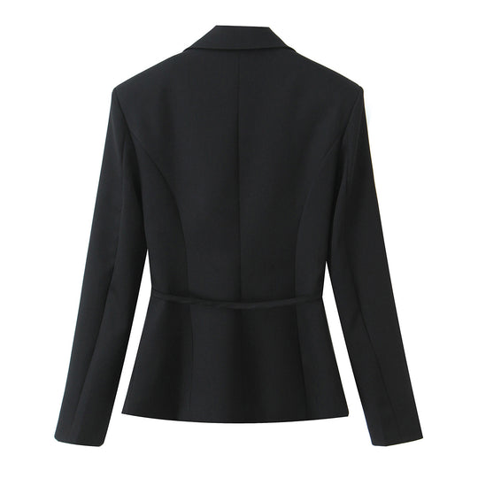 Damen Zweiteiliges tailliertes Blazer- und Midaxi-Rock-Set mit Rosenapplikation am Gürtel und Polka-Dot‑Rock Nord Taschen